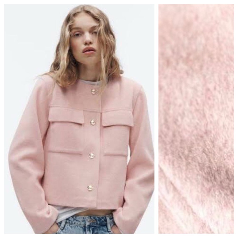 NWOT. Zara Light Pink Viscose Blend Gold Button Cropped Jacket. Size S.
